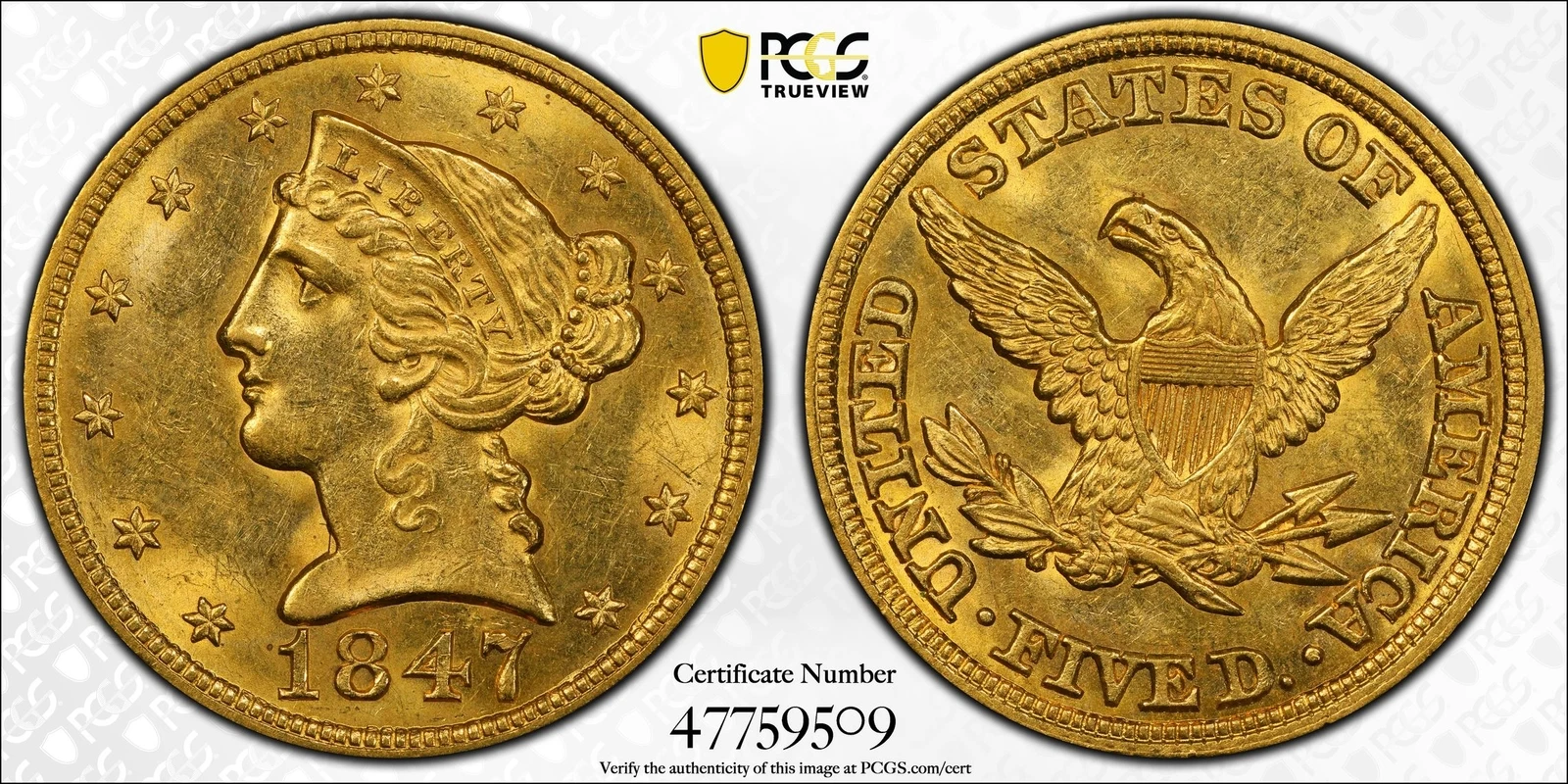 1847 $5 Gold Liberty Half Eagle PCGS MS 62 MPD FS-302 (004) - Top Pop 2/0