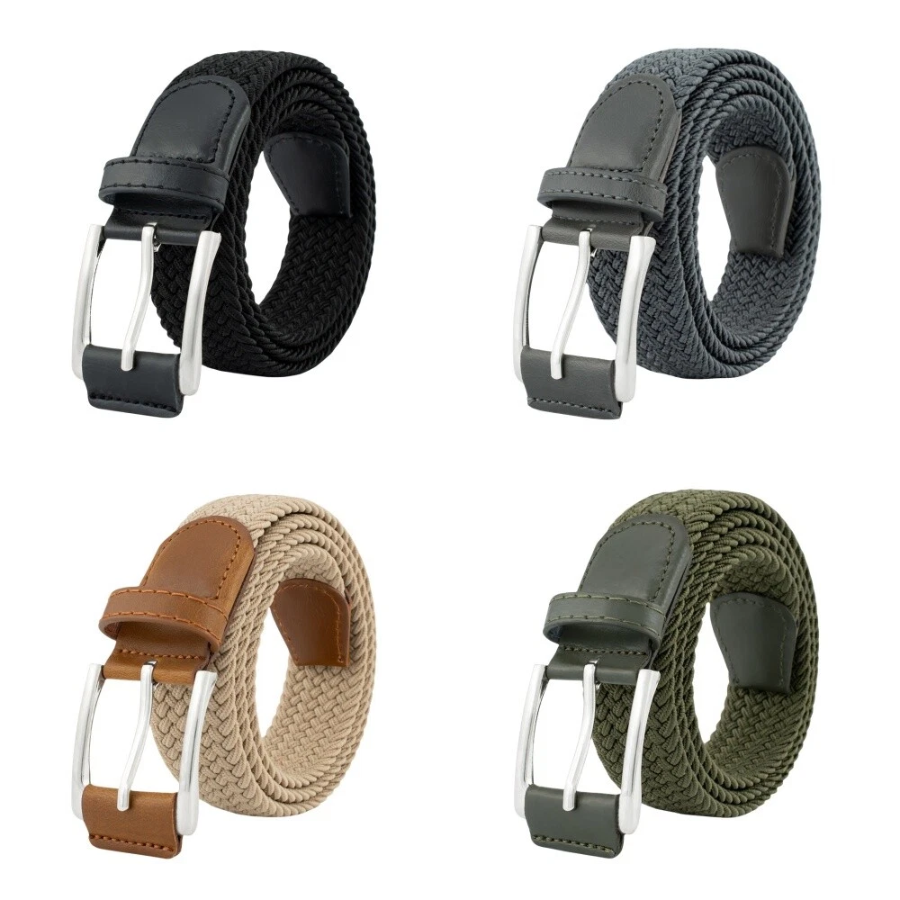 Men Woven Elastic Belt Alloy Pin Buckle Knitted Canvas Faux Leather Waistband
