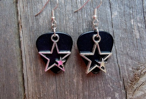 Double Star Charm Guitar Pick Earrings with Surgical Steel Earwires - Picture 3 of 29