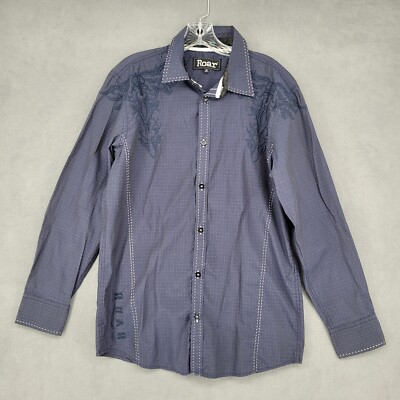 Roar Mens Shirt Size M BLue Button Up Signature Western Embroidered
