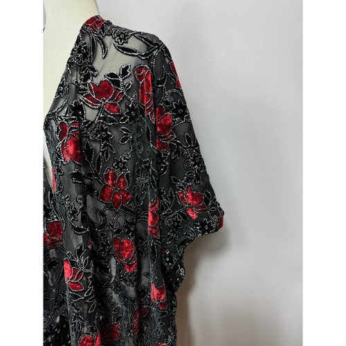 Neu Jessica McClintock Burnout Samt Glitzer Blumen Kimono schwarz/rot One Size - Bild 4 von 6