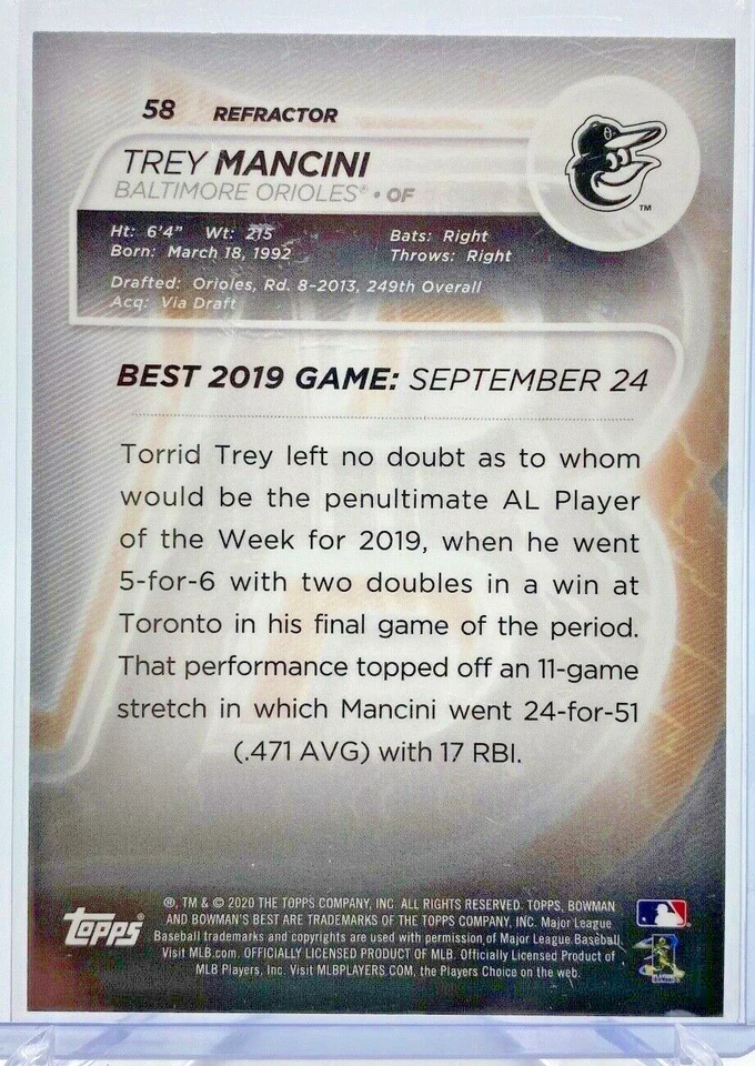 2020 Bowman's Best Trey Mancini #58 Refractor Baltimore Orioles - Image 2 of 2