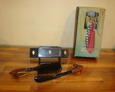 Brush  Shoe Horn Set Horse Head Handles Black Plastic With Hanger Box Vintage