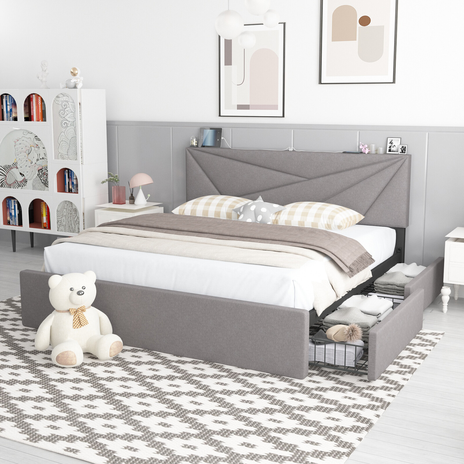 Bed Frame Full/Queen Size with Charging Station and Adjustable Headboard-image