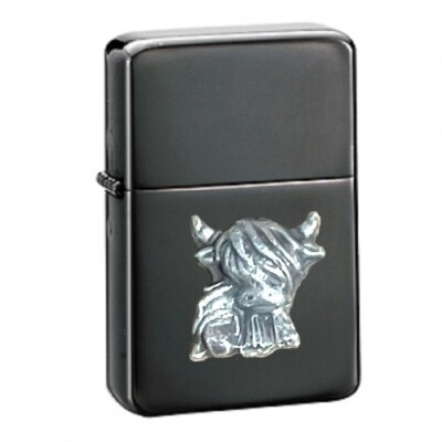 #ad HIGHLAND COW OX Pewter design on a BLACK flip top petrol lighter windproof GBP 14.95