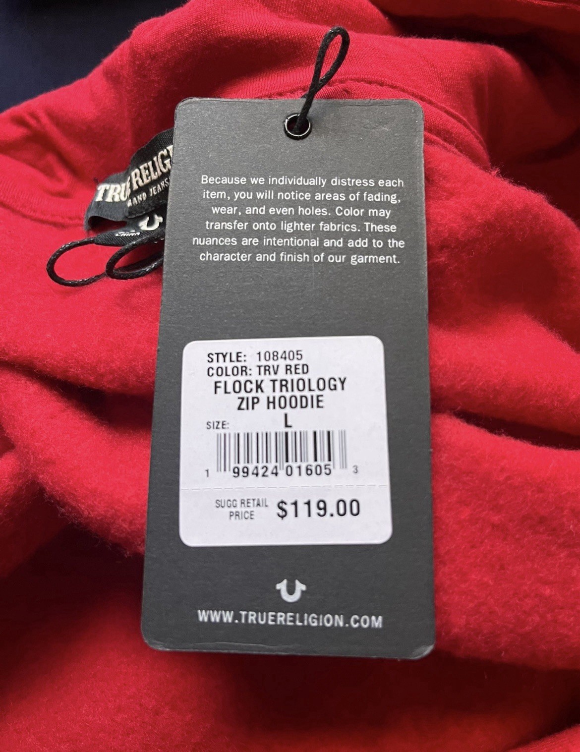 True Religion Red Fleece Graphic Print Full Zip Hoodie Men's Size L thumbnail 6