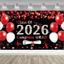 Black Red Graduation Party Decorations, Red 6x3.6ft Red Class of 2026 Graduat...