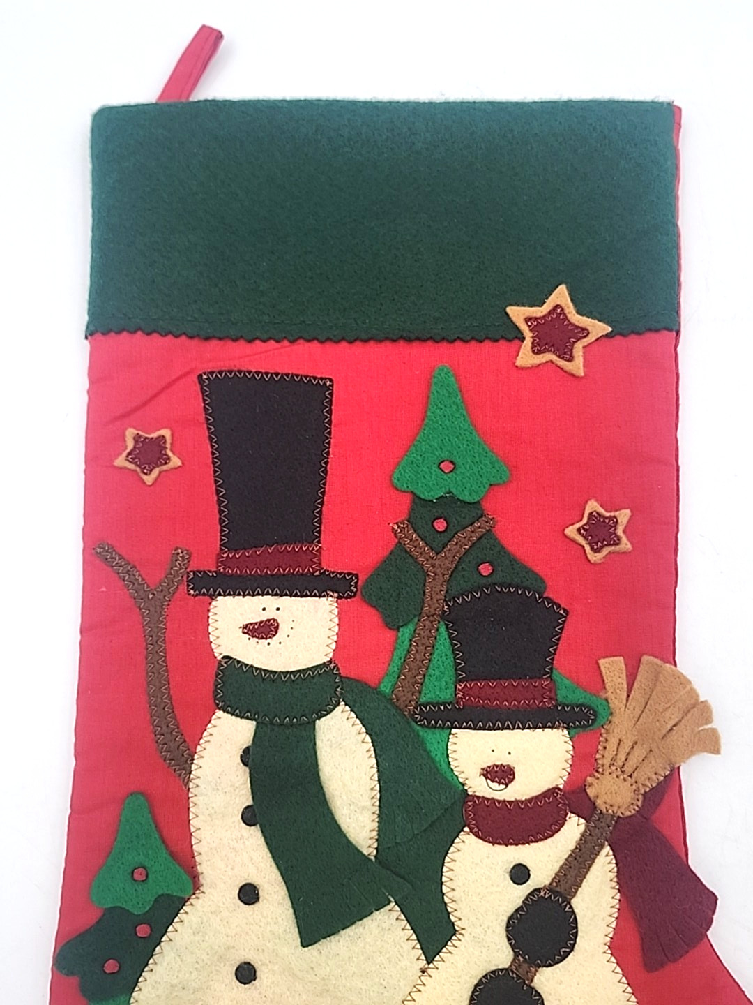 2 Felt Applique Christmas Stockings Santa W Reindeer & Snowman Primitive Style