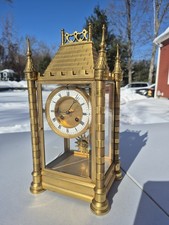 FRENCH FOUR GLASS CRYSTAL REGULATOR GILT BRONZE MANTLE CLOCK CASTLE FORTRESS 