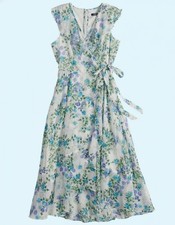 NEW Chaps Ralph Lauren Size 12 $79 White Blue Floral Flutter Faux Wrap Dress
