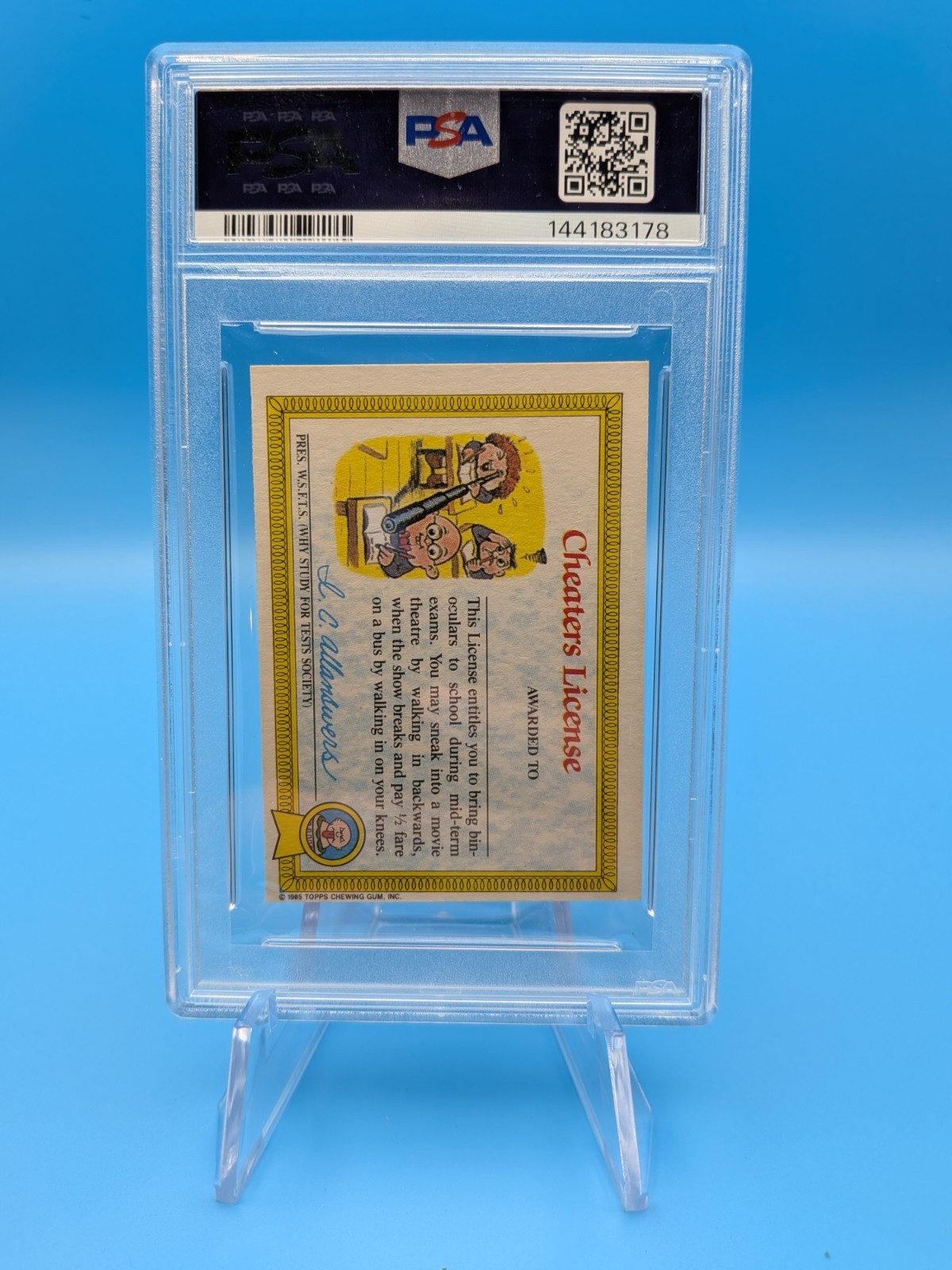 1986 Garbage Pail Kids Stickers ADAM BOMB Cheaters UK Minis #8a PSA 7 view 2