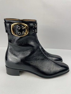 Gucci 739926 Black Patent Leather Buckle Ankle Boots Men display picture 3