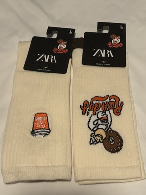 Zara X Randy's Donuts Crew Socks Coffee Donut Man Embrodiery Lot Of 2 New 