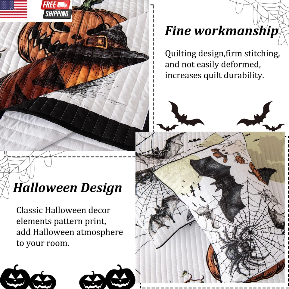 Juego de colcha de edredón de Halloween, 3 piezas tamaño queen Halloween murciélago gato negro pum Foto 4 de 4
