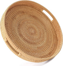 Large Round Woven Wicker Basket Tray with Side Handles