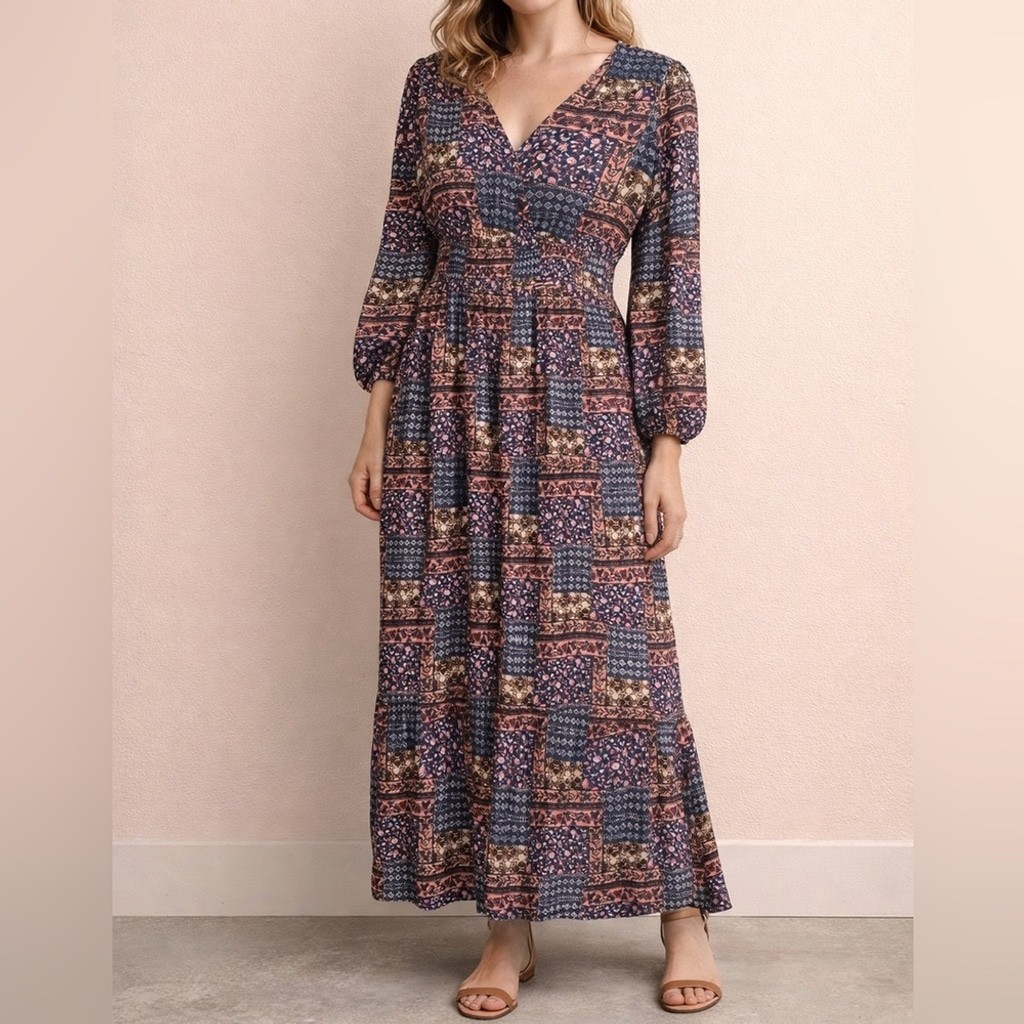 Knox Rose Women's Bohemian Long Sleeve Floral Maxi Dress Size L NWOT