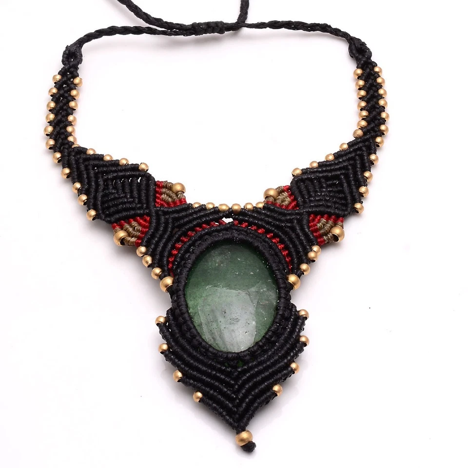 Natürliches Grün Erdbeere Quarz Boho Makramee Choker Heilung Kristall Halskette - Bild 2 von 4