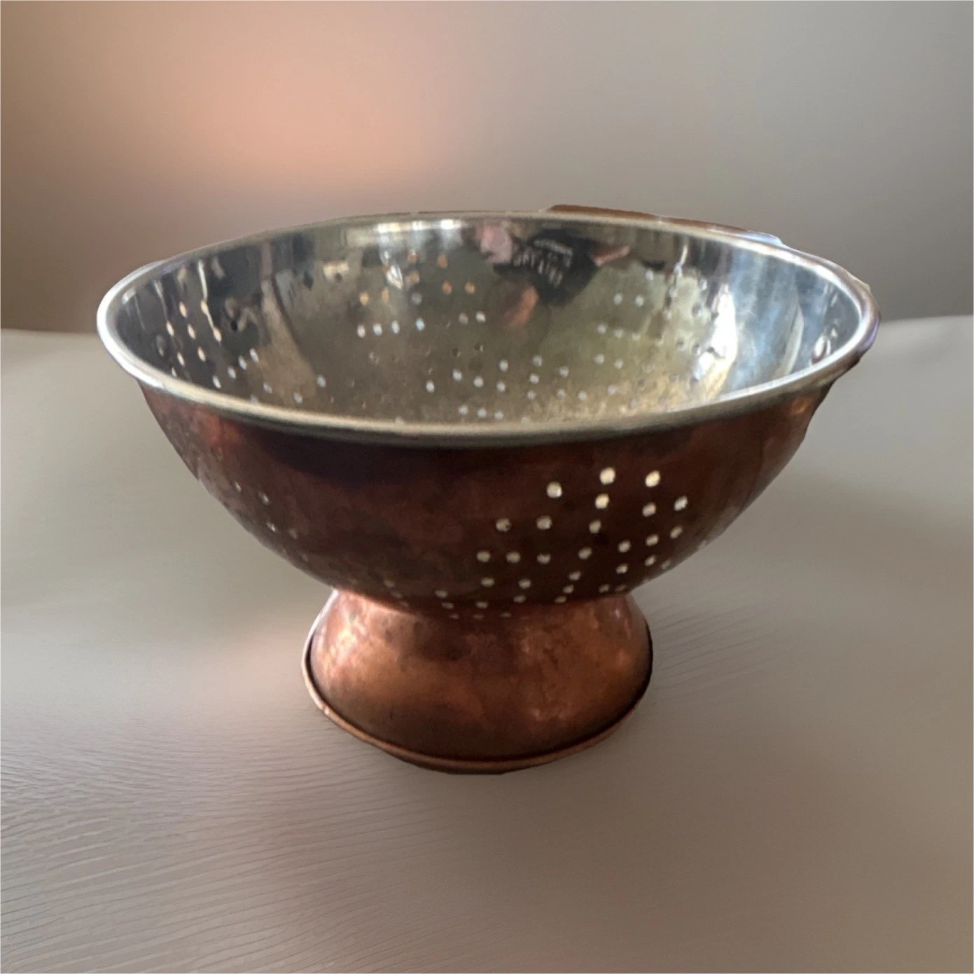 Copper Metal Footed Colander with Handles, Round Dotted Bowl