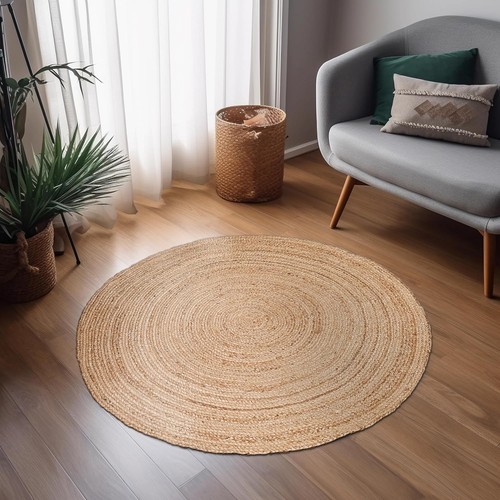 Hand Woven Jute Braided Rug, 3’ Round – Natural, Reversible Boho Entry Area R... - Bild 2 von 7