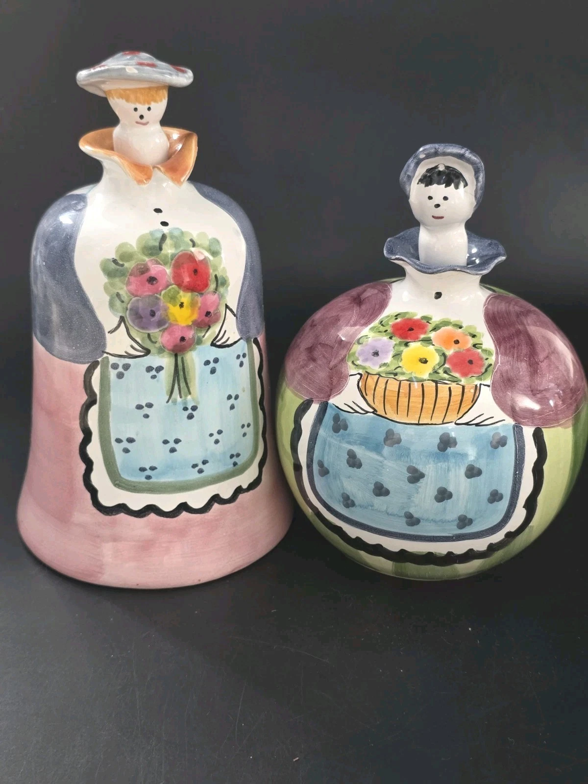 Italica Ars Modigliani Style Peasaant Women Oil & Vinegar Decanters Handpainted