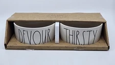 Set 2 Rae Dunn DEVOUR & THIRSTY 6x3” Bowls Ceramic Dog Cat Pet Food Water Bowls