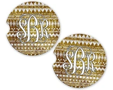 Car Coaster Set Gold Aztec Sandstone Custom personalized Monogram Gift