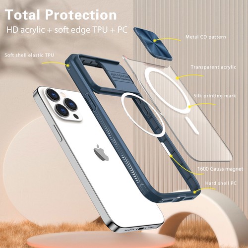 For iPhone 16 Pro Max 14 15 11 Magnetic Slide Camera Lens Hard Clear Back Cover - Picture 2 of 53