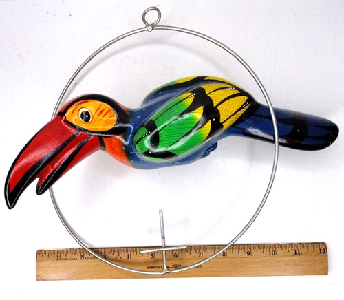 VTG 13" Parrot Hand Painted Latin American Pottery Folk Art w Metal Display Ring