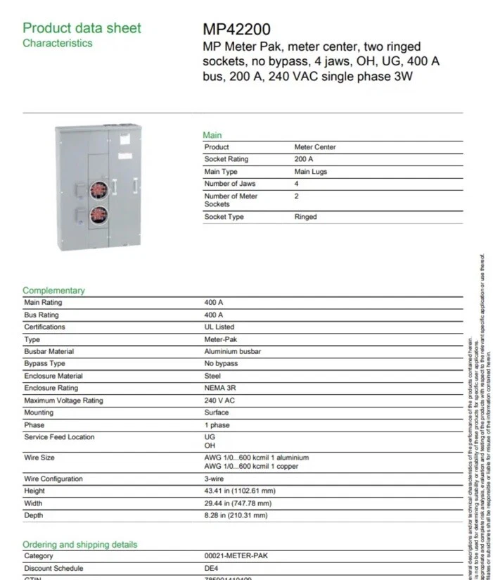 Square D MP42200 400 Amp con 2 velocidades 200A Medidor EUSERC OH/UG como WEP4212 Foto 2 de 3