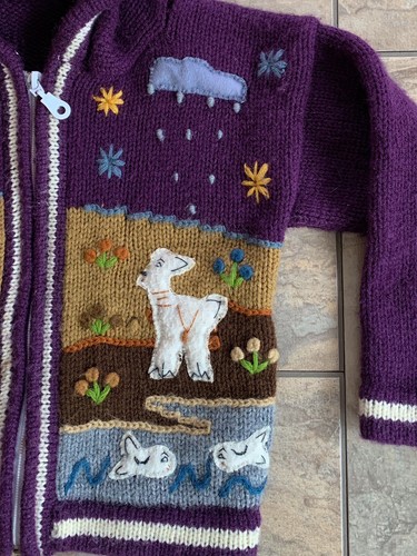 Peruvian Knit Hooded Sweater Girls 4T Zip Purple Colorful Handmade Alpaca Ducks - Picture 3 of 14