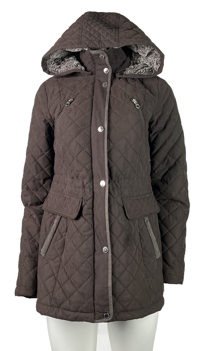 NAUTICA US Women’s S Brown Quilted Fur Hooded Long Jacket Coat Insulated  Snaps