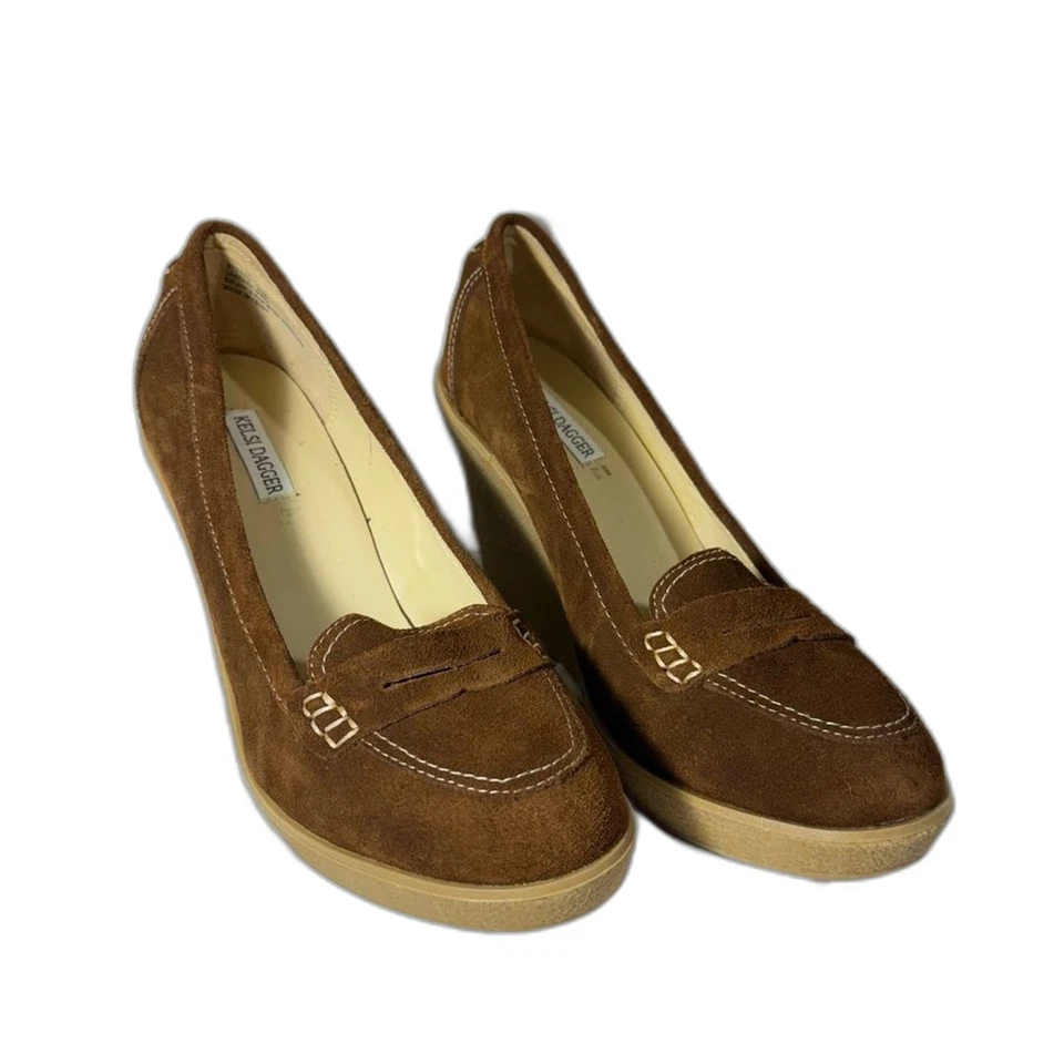 Kelsi Dagger 4” wedge heel brown suede penny loafer size 10 NWOT - Image 2 of 4