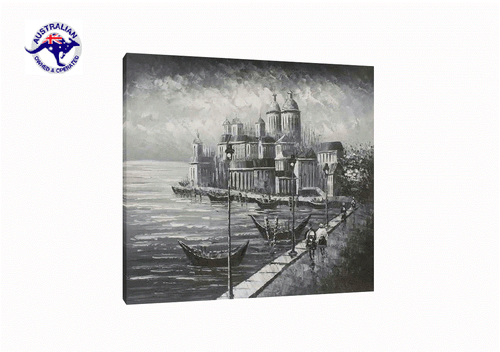 FRAMED LARGE OIL PAINTING BEAUTIFUL BLACK AND WHITE ART VENICE GONDOLA SEASCAPE - Bild 1 von 4