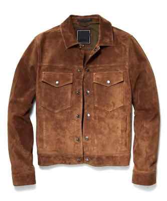 Men Brown Suede Lambskin Leather Trucker Jacket Western Stylish