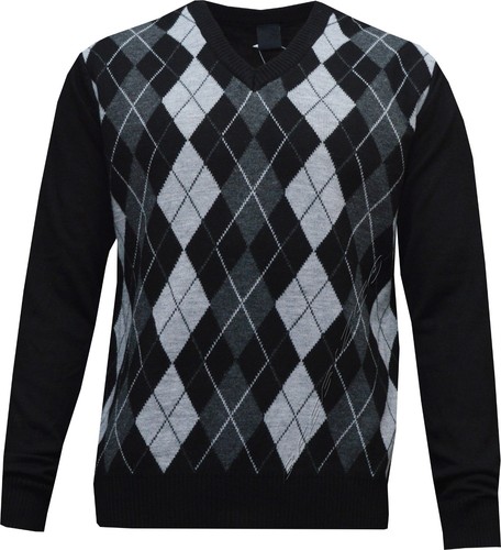 New Mens Argyle Diamond Long Sleeve V 
