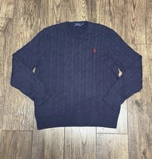 Polo Ralph Lauren Men  s Navy Blue Sweater XL Cable Knit Crewneck Cotton Red Pony