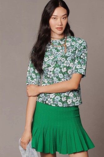 NWT Maeve by Anthropologie M Floral Jacquard Short Sleeve Mock Neck Top Green