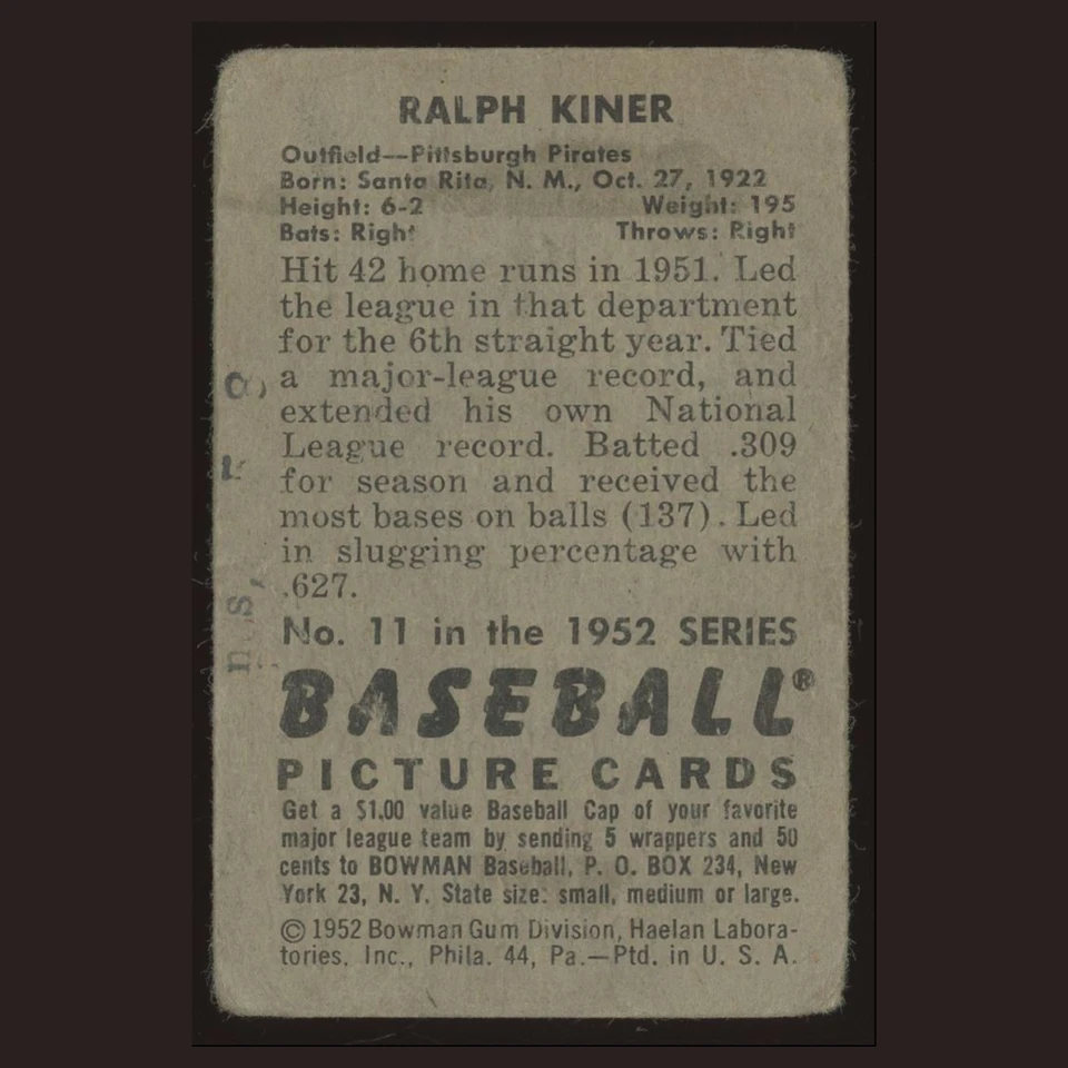 Ralph Kiner #11 1952 Bowman - Desgaste de esquina/pliegue Piratas de Pittsburgh de colección Foto 4 de 4