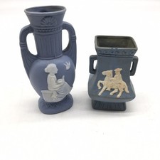 Vintage Set of 2 Faux Blue Bisque Jasperware Vases 5" Made In Japan 5”