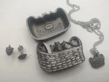 Longaberger Strawberry Torino Pewter Trinket Box Basket Necklace Earrings Pin