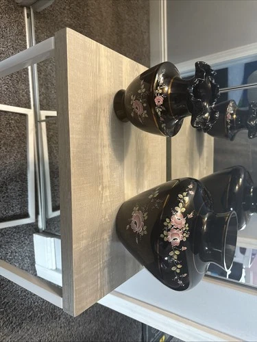 Fenton Black Satin Hand Painted Pink Rose Vases Signed K Lauduman MatchPair 1989