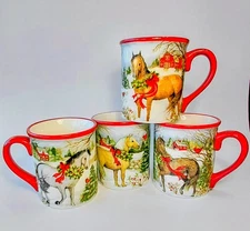 Set of (4) Certified Int'l. CHRISTMAS ON THE FARM Horse Mugs. NEW. Susan Winget