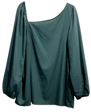 Lane Bryant Top Size 24 3X Green Silver Dots Asymmetrical Neckline Puff Sleeves
