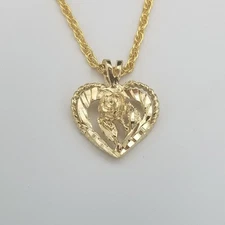 14KT GOLD PLATED HEART & ROSE DIAMOND CUT CHARM & 16"-30" ROPE CHAIN-2075