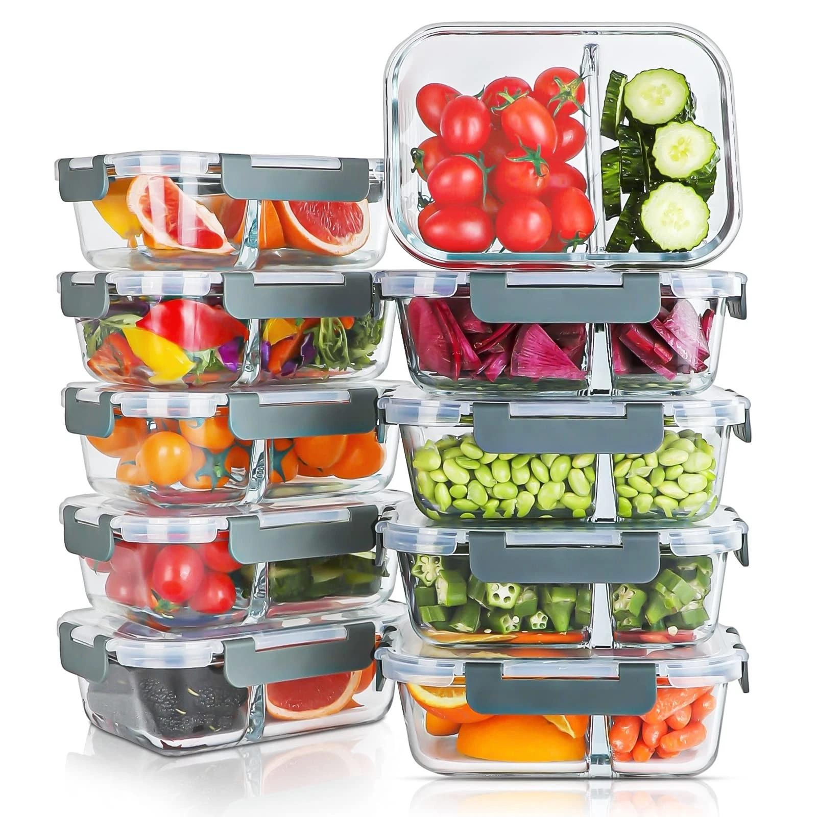 10 Pack 30oz Glass Meal Prep Containers - 2 Compartment Airtight Food Storage Bo