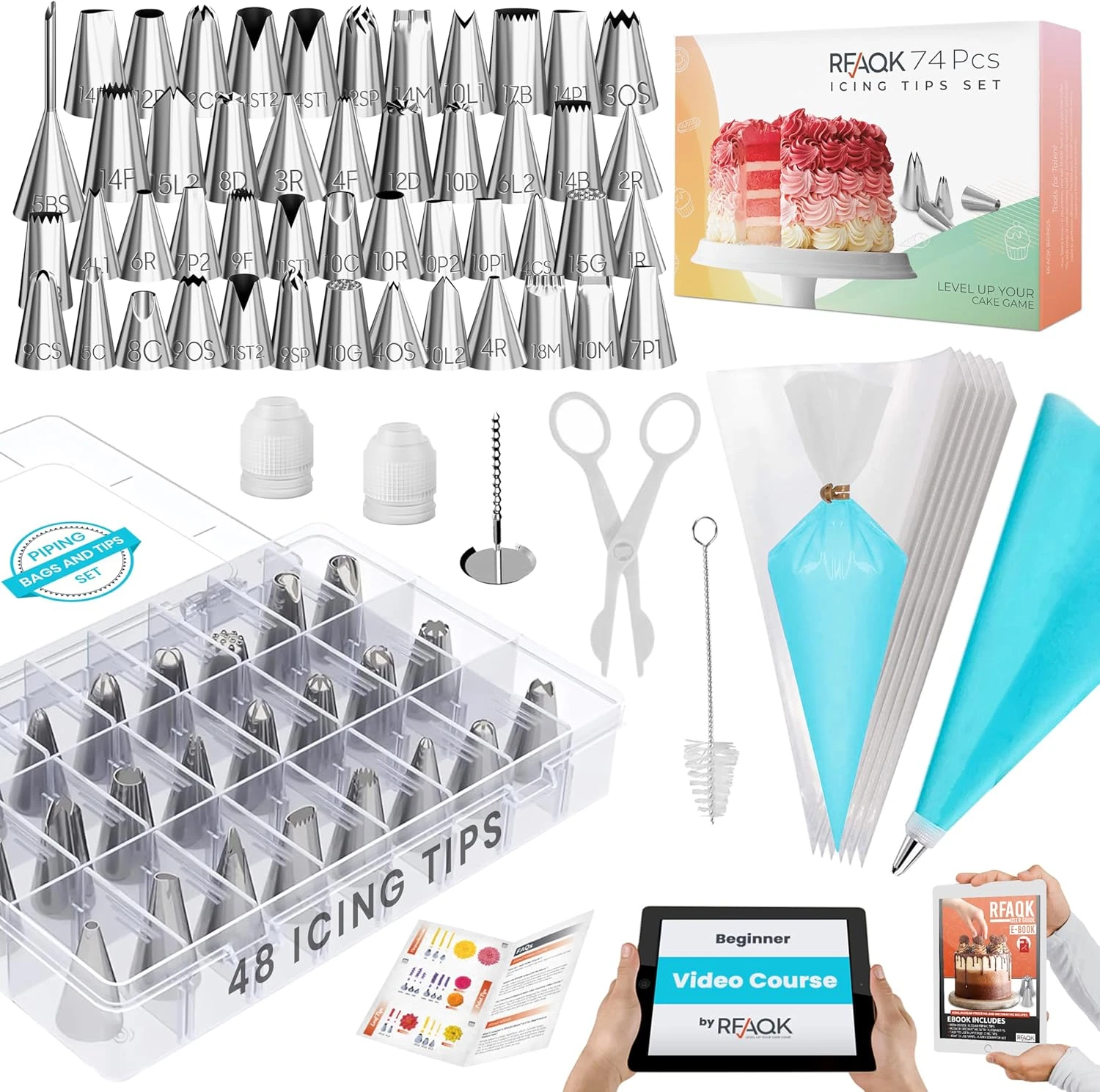 74 Pcs Icing Piping Bags and Tips Set, Cake Decorating Kit with 48-Numbered Pipi