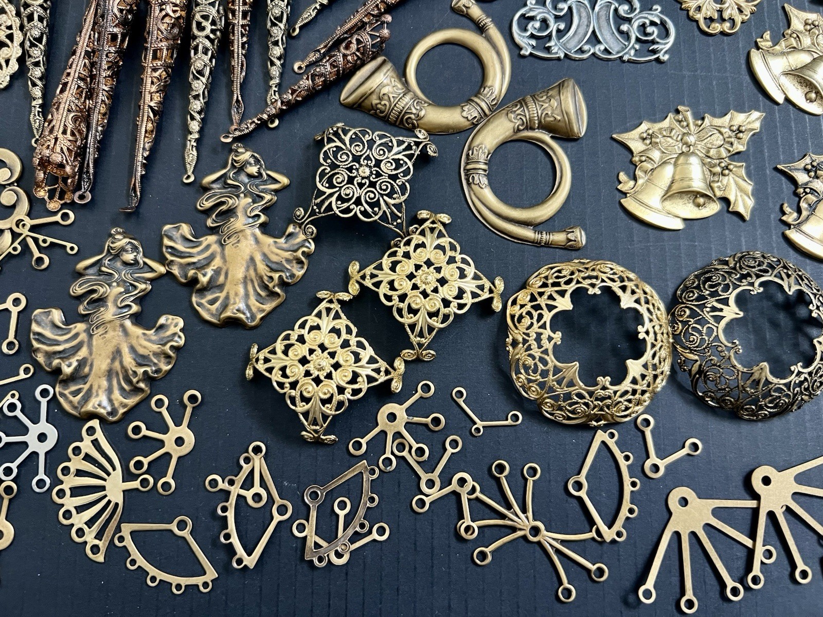 .75 Lbs + Vtg & New Metal Stampings Gold Brass Filigree Connectors Findings Lot