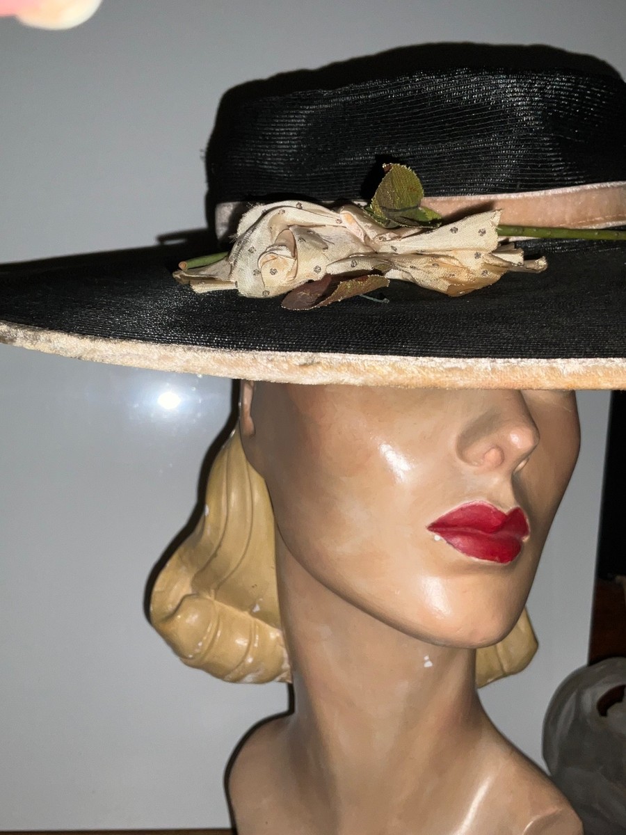 Vintage 1940s black straw  Hat Wide Brim Flower , shallow crown. View 4