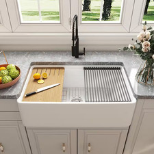 White Fireclay 33 In. Single Bowl Farmhouse Apron Workstation Kitchen Sink with