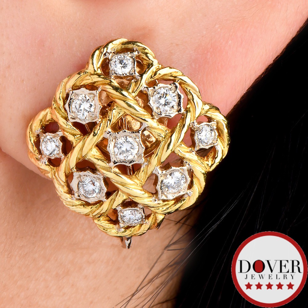Antique Retro Diamond 18K Multi Tone Gold Open Woven Earrings 13.9 Grams NR